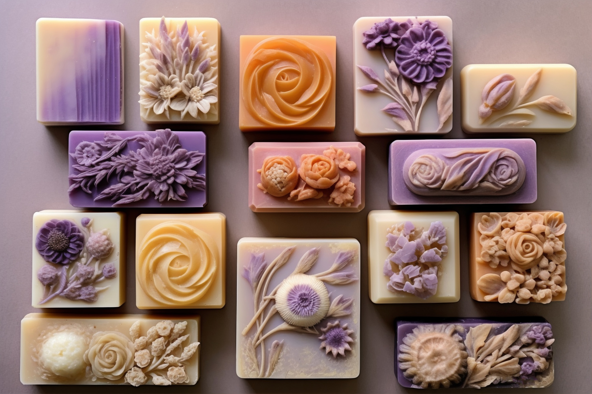An array of beautifully crafted artisanal body soaps, each uniquely designed with floral and botanical imprints.