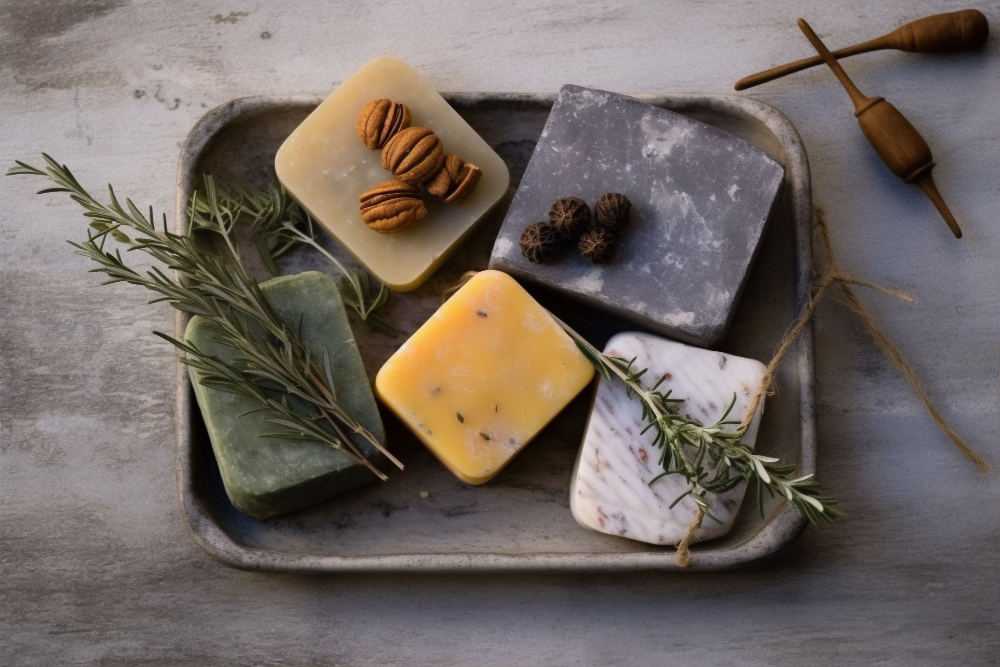 Assorted artisanal soaps on a rustic tray, featuring ingredients like pecan, charcoal, and herbs, alongside a wooden spinning top and fresh rosemary sprigs, set on a textured grey surface.