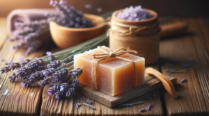 lavender oil soap that has a natural, artisanal qualities. with lavender flower on the side