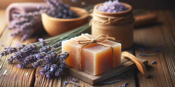 Screenshot 2024-02-19 103739 lavender oil soap that has a natural, artisanal qualities. with lavender flower on the side