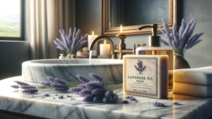 lavender oil soap on the bench of a washbasin with candles and have a calm peaceful theme