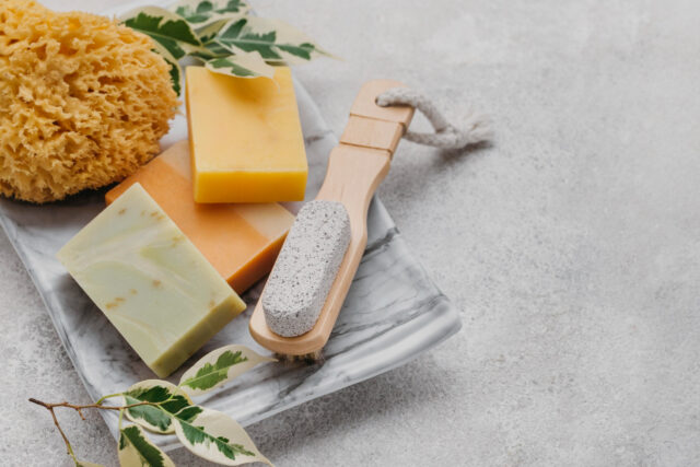 sponge-various-soaps-copy-space organic and natural ingredients made lemongrass oil soap from soap factory